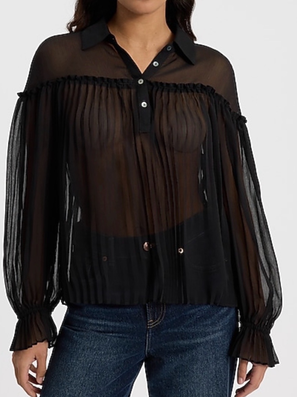 Sheer Collared Long Sleeve Pleated Top
Black XS NWT